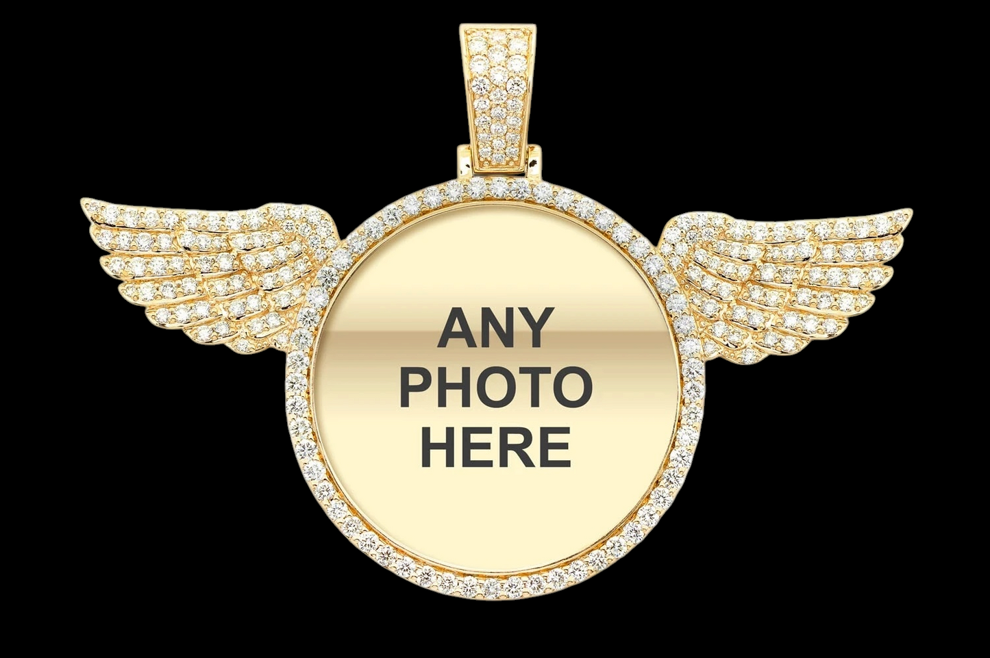 Custom Photo Pendant with Diamond Wings - Solid 14K Gold