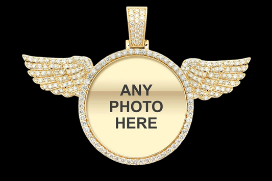 Custom Photo Pendant with Diamond Wings - Solid 14K Gold