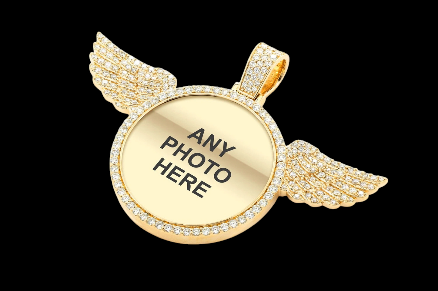 Custom Photo Pendant with Diamond Wings - Solid 14K Gold