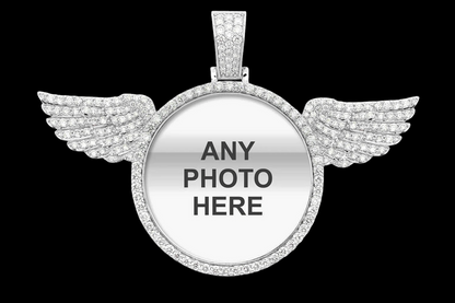 Custom Photo Pendant with Diamond Wings - Solid 14K Gold