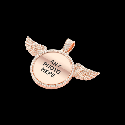 Custom Photo Pendant with Diamond Wings - Solid 14K Gold